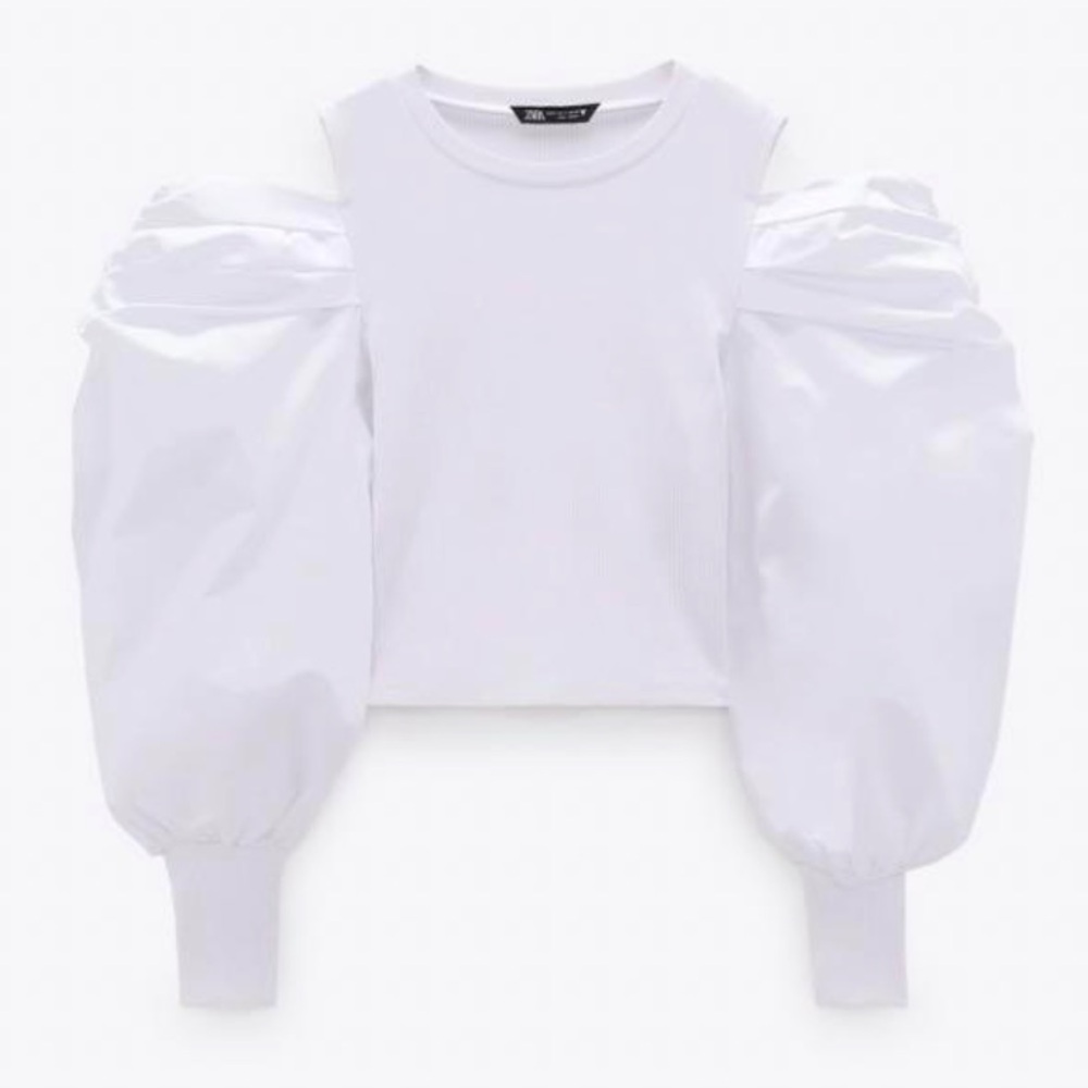 NWT Zara White Puff Sleeve Cold Shoulder Long Sleeve Top Large